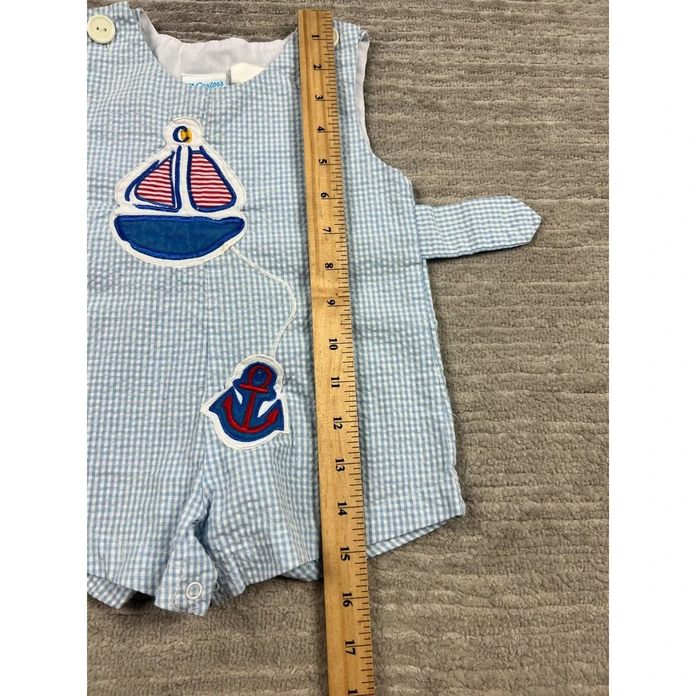 Carter's Romper Boys 6/9M Blue Gingham‎ Nautical Sailboat Seersucker One Piece